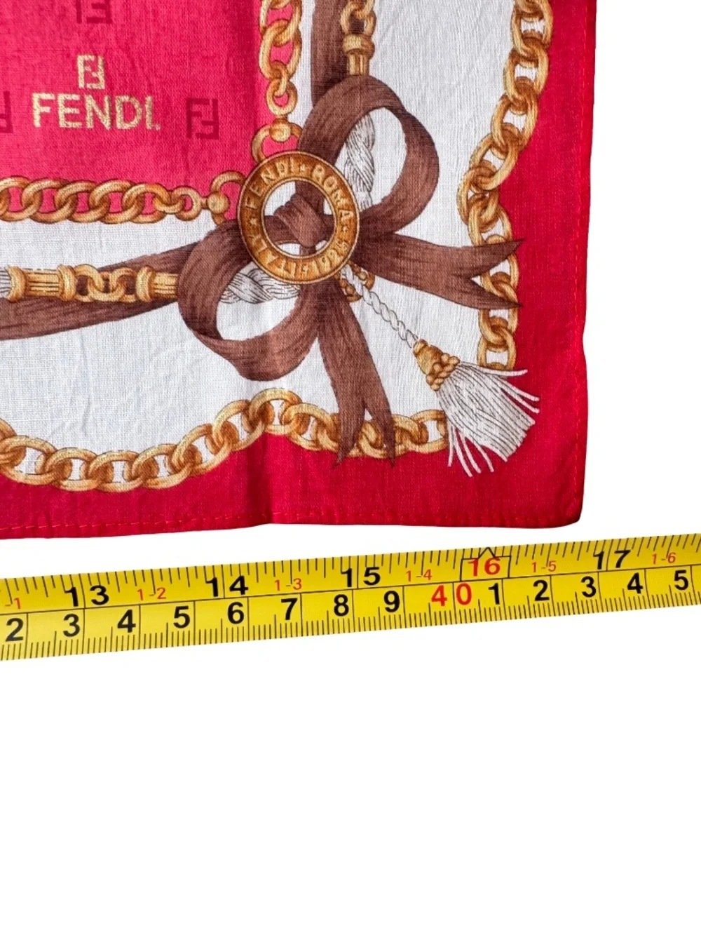 Vintage Fendi Scarf Handkerchief Neckerchief Pocket Square Chain Bow Red 17x17